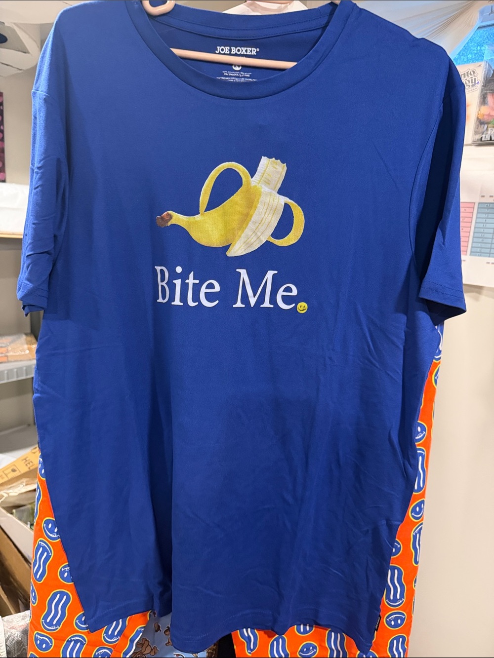 Joe Boxer Blue Tee with Yellow Banana Graphic and "Bite Me" Text